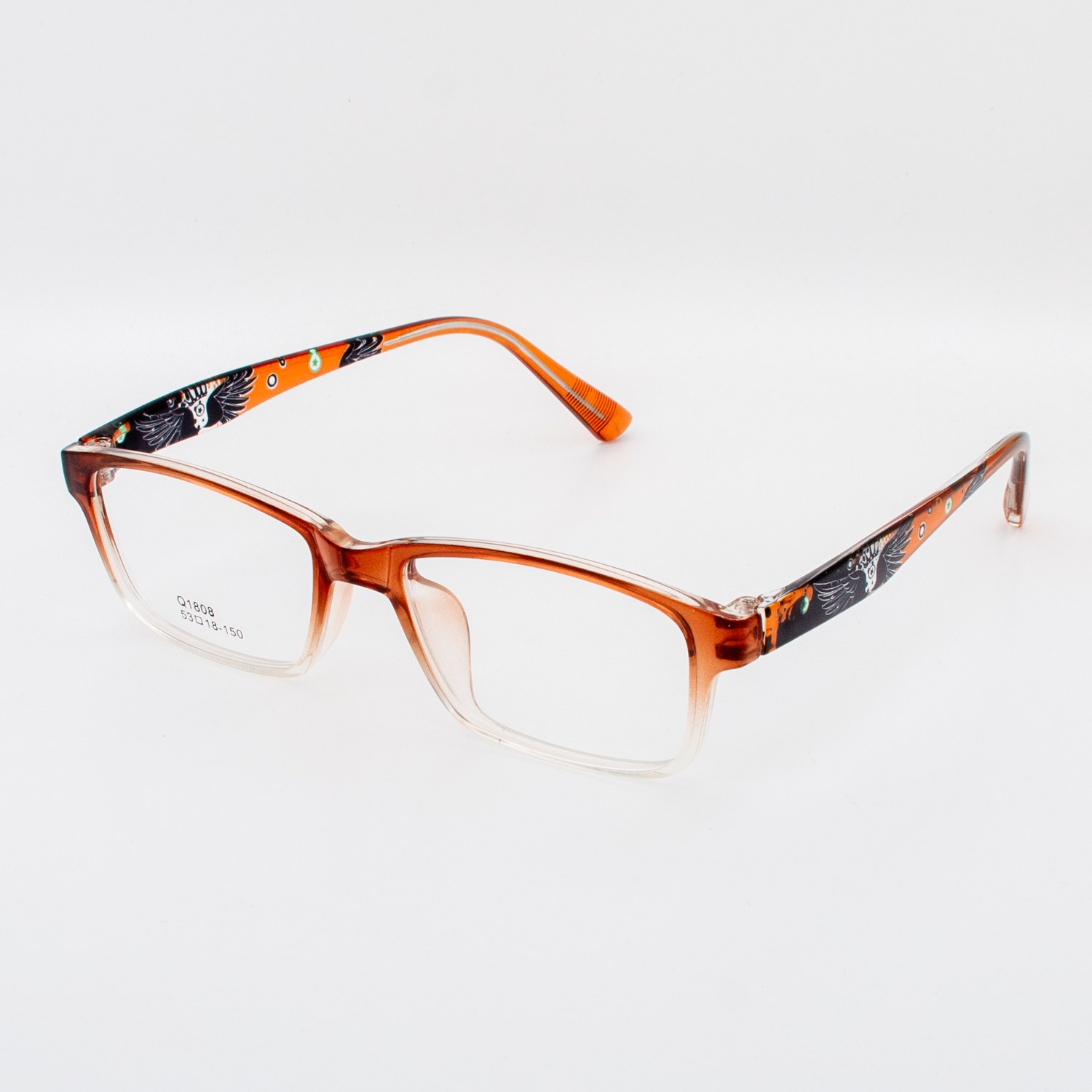 نظارة طبية مستطيلة بتدرج بني وأذرع برتقالية بنقشة