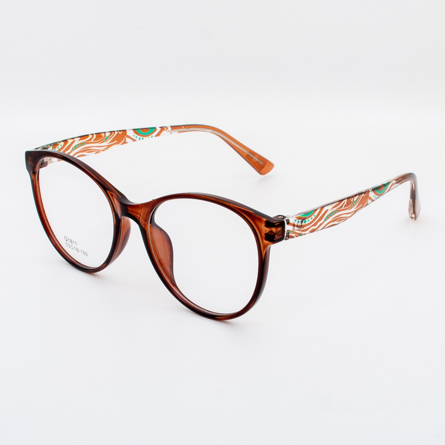 نظارة طبية بيضاوية بني شفاف بنقشات ملونة